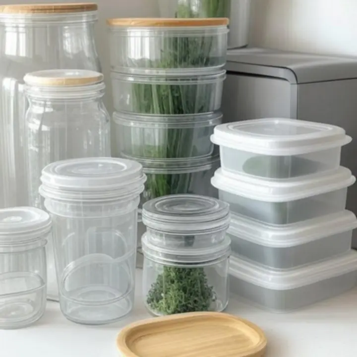 Zestaw najczęściej wybieranych pojemników kuchennych ustawionych na blacie i w szafkach