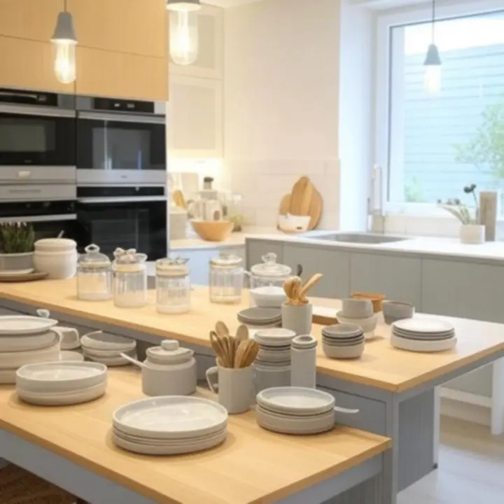 Starannie zaaranżowane akcesoria kuchenne w ciepłych, kremowo-zielonych odcieniach