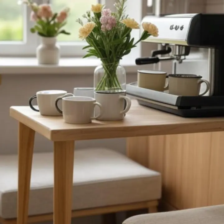 Stylowy domowy kącik kawowy z filiżankami i akcesoriami Kitvorany