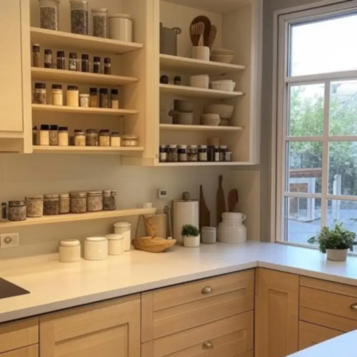 Zestaw starannie ułożonych akcesoriów kuchennych na blacie w nowoczesnej kuchni