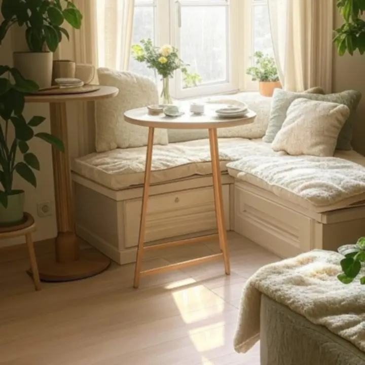 Przytulny kącik relaksu połączony z częścią jadalnianą w kuchni