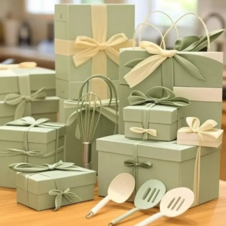 Elegancko zapakowane kuchenne upominki na stole