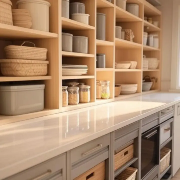 Nowoczesna, dobrze zorganizowana kuchnia z eleganckimi pojemnikami do przechowywania na blacie i półkach