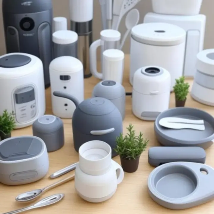 Zestaw stylowych nowych akcesoriów kuchennych na jasnym blacie