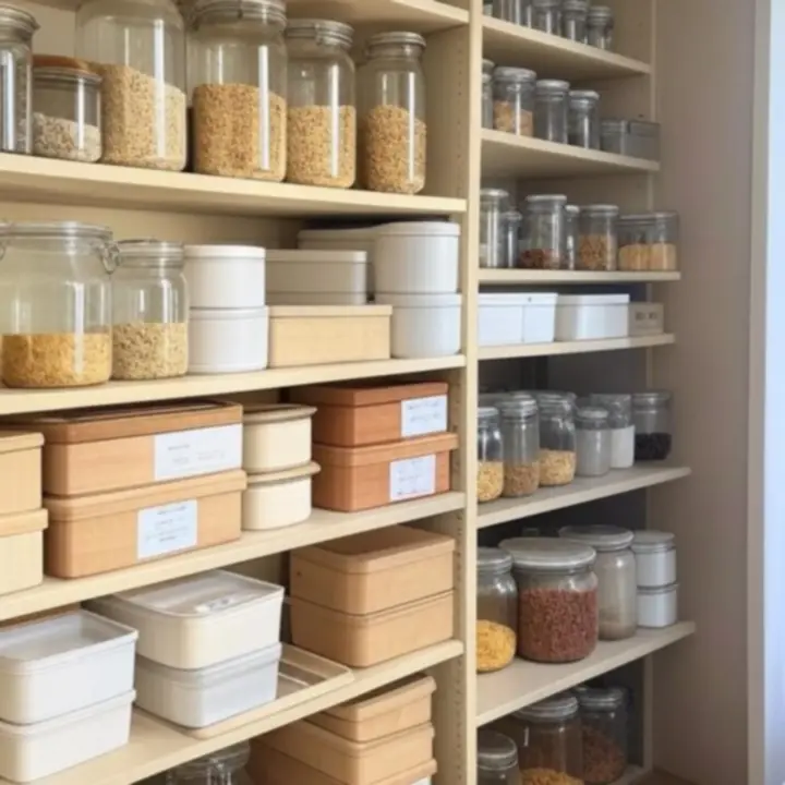Półki i pojemniki kuchenne z uporządkowanymi produktami spożywczymi