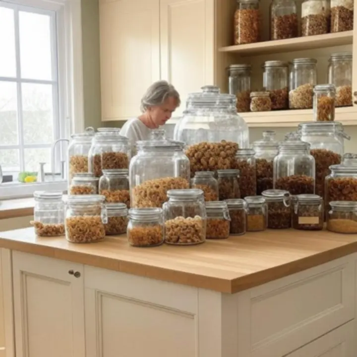 Przytulna polska kuchnia z elegancko zorganizowanymi półkami i pojemnikami do przechowywania