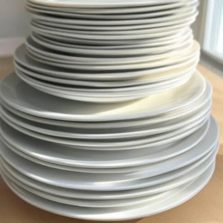 Stos porcelanowych talerzy w kremowych odcieniach ułożony na stole