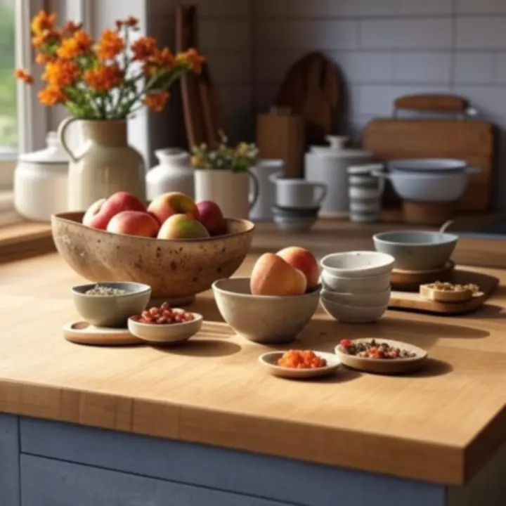 Sezonowa aranżacja kuchni z nastrojowymi dodatkami i zastawą stołową