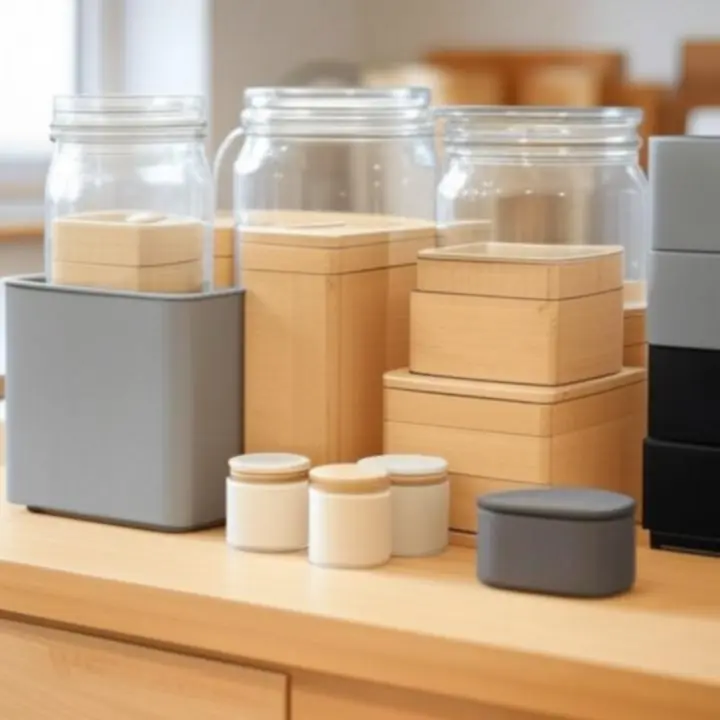 Nowoczesne pojemniki i organizery ustawione na kuchennym blacie