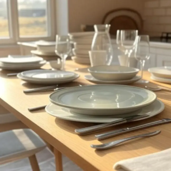 Elegancka zastawa stołowa ułożona na słonecznym, nowoczesnym stole w przytulnej kuchni